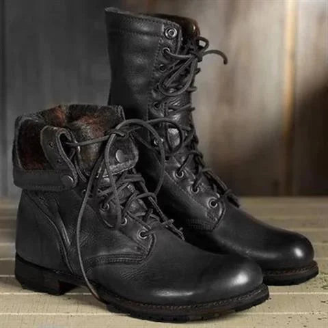 Women's leather mid-calf combat boots with lace-up front – Black