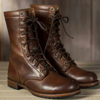 Women's leather mid-calf combat boots with lace-up front – Dark Brown