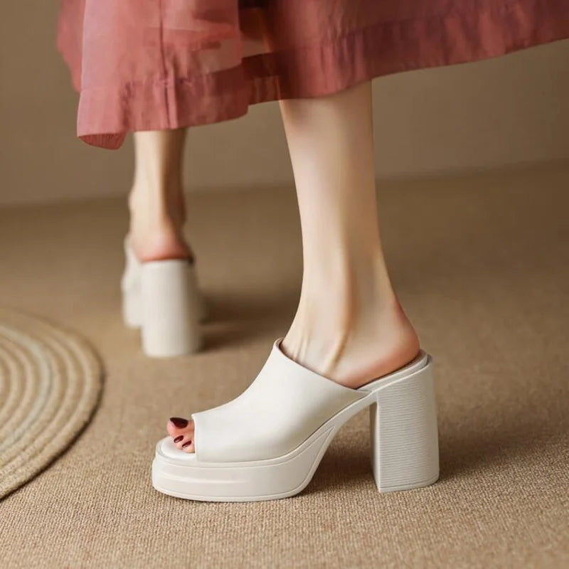 Women's leather platform mule sandals with peep-toe block-heel