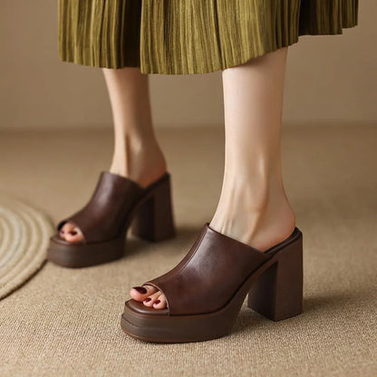 Women's leather platform mule sandals with peep-toe block-heel