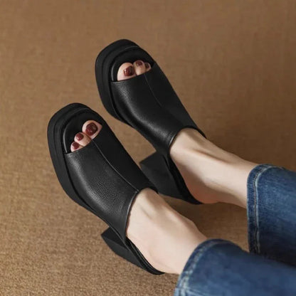 Women's leather platform mule sandals with peep-toe block-heel