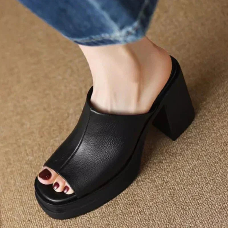 Women's leather platform mule sandals with peep-toe block-heel