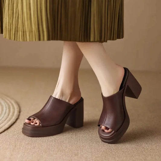 Women's leather platform mule sandals with peep-toe block-heel – Brown