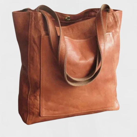 Women's leather tote bag with front patch pocket and double shoulder straps