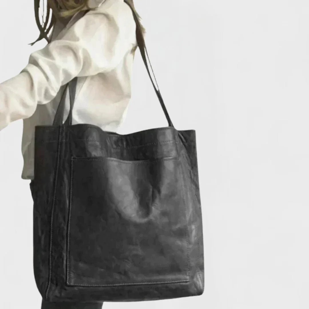 Women's leather tote bag with front patch pocket and double shoulder straps – Black