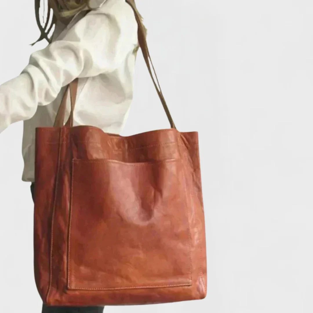 Women's leather tote bag with front patch pocket and double shoulder straps – Brown