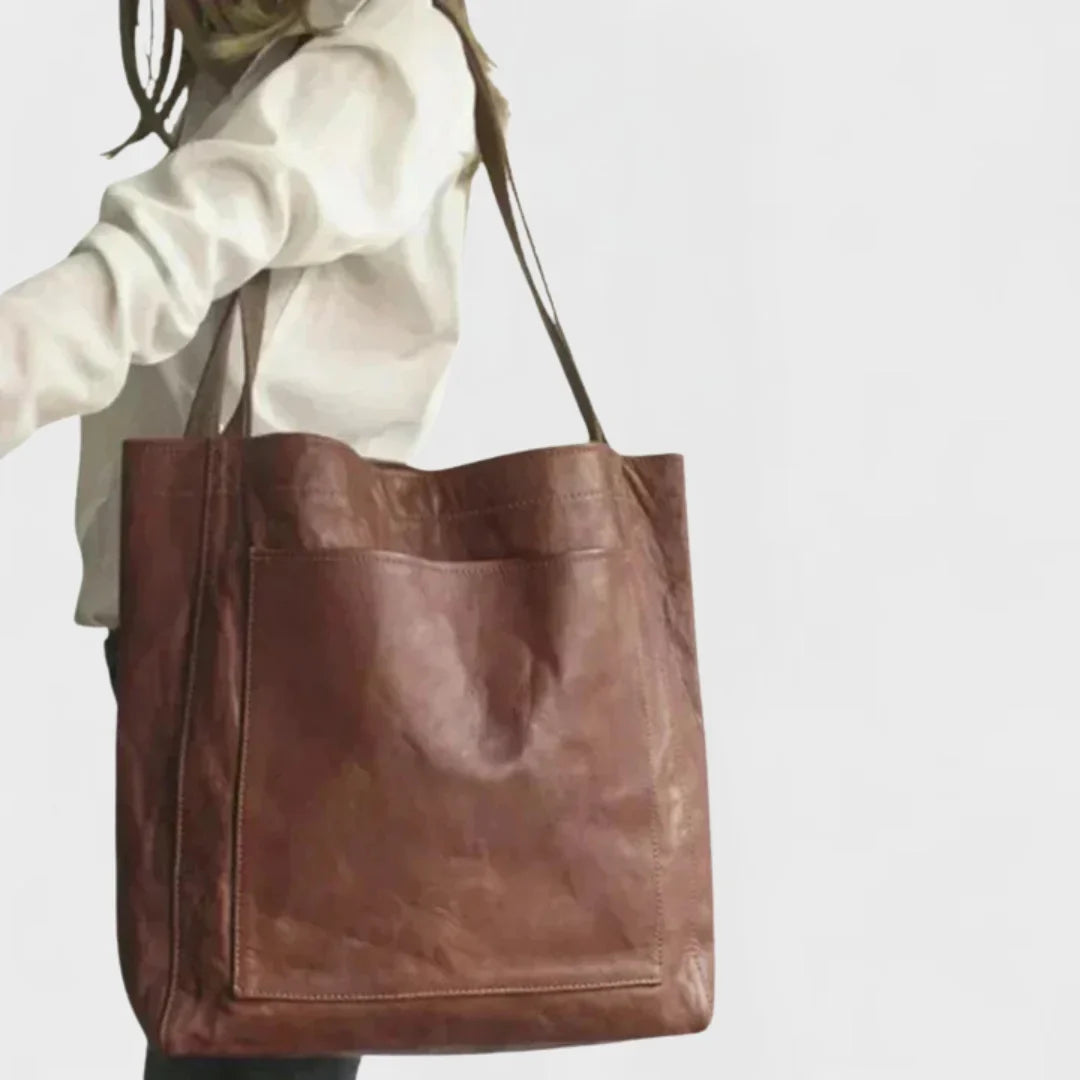 Women's leather tote bag with front patch pocket and double shoulder straps – Coffee