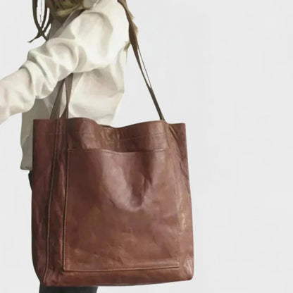 Women's leather tote bag with front patch pocket and double shoulder straps – Coffee