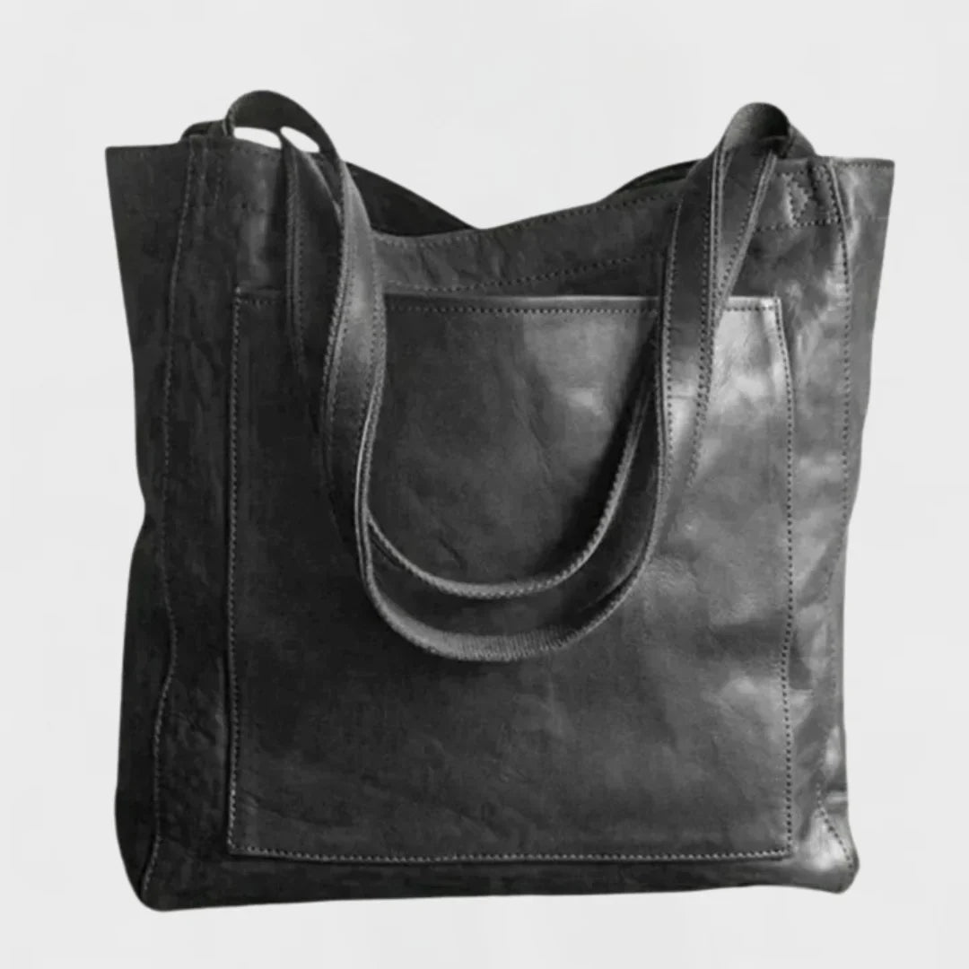 Women's leather tote bag with front patch pocket and double shoulder straps