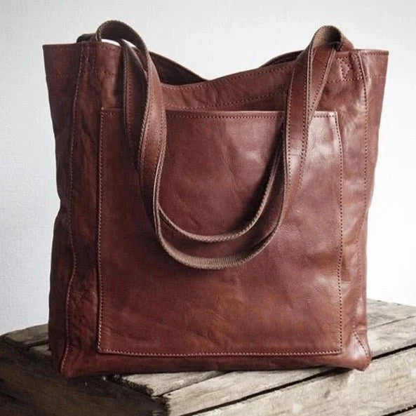 Women's leather tote bag with magnetic snap closure and front patch pocket – Dark Brown