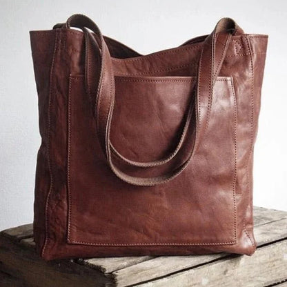Women's leather tote bag with magnetic snap closure and front patch pocket – Dark Brown