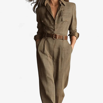 Women's plaid jumpsuit with collared button-front and wide leg – Brown
