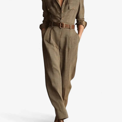 Women's plaid jumpsuit with collared button-front and wide leg – Brown