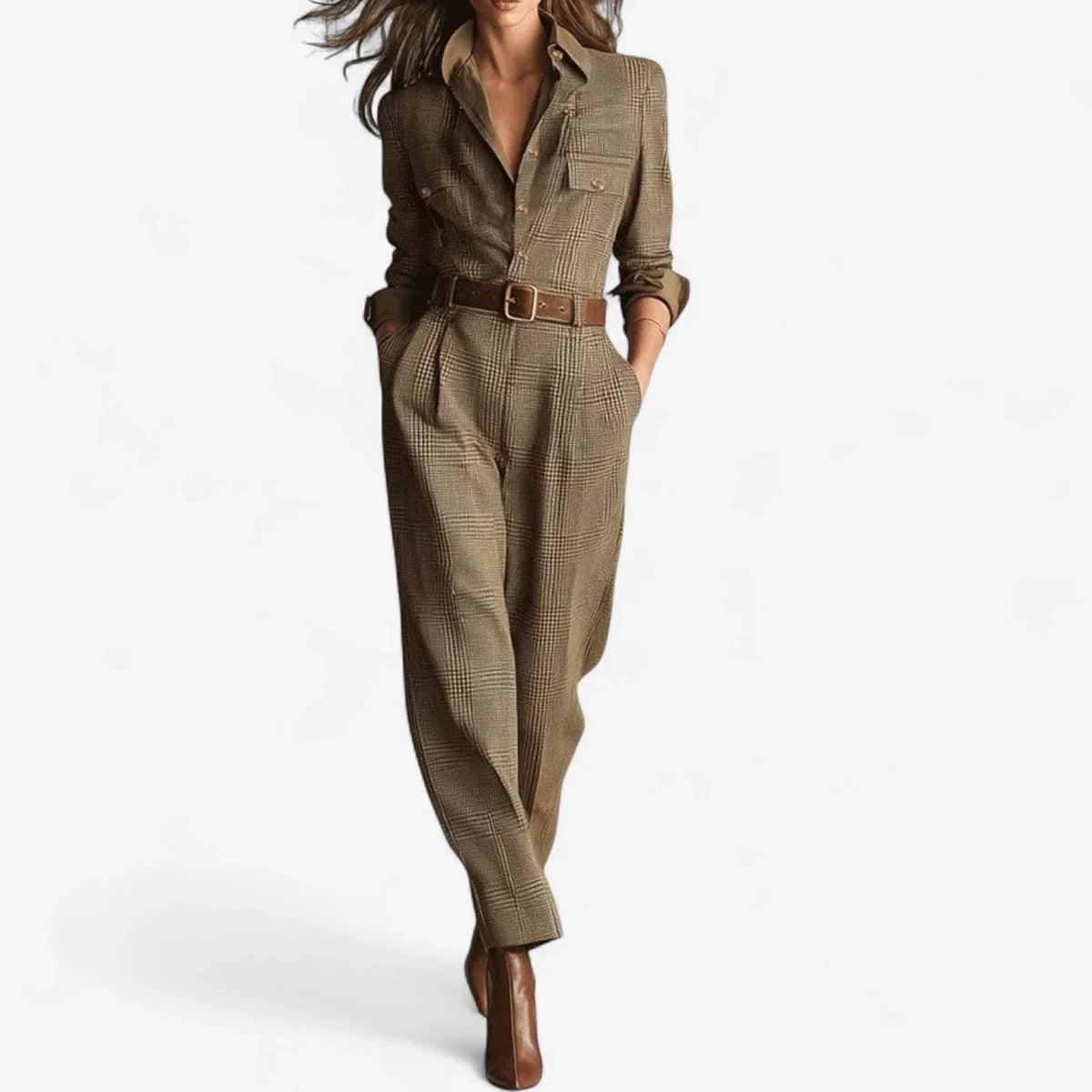 Women's plaid jumpsuit with collared button-front and wide leg – Brown