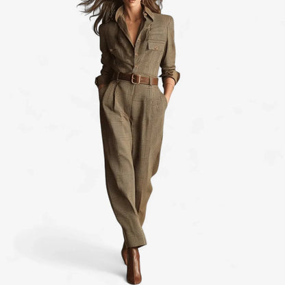 Women's plaid jumpsuit with collared button-front and wide leg – Brown