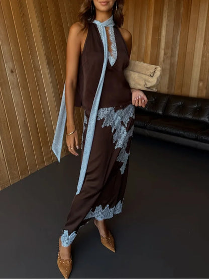 Women's satin lace panel top and maxi skirt set with halter V-neck – Brown