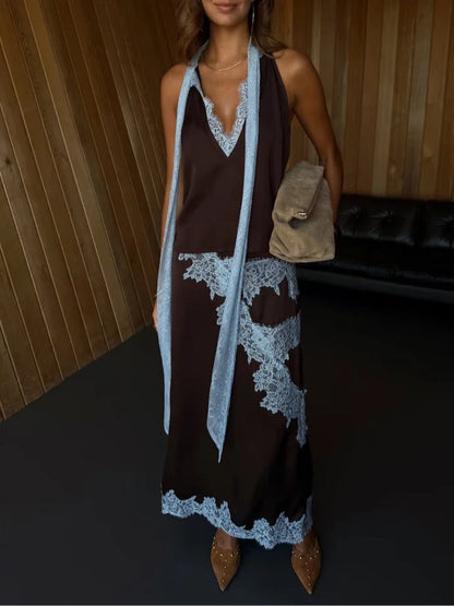 Women's satin lace panel top and maxi skirt set with halter V-neck – Brown