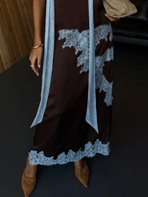 Women's satin lace panel top and maxi skirt set with halter V-neck – Brown
