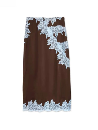 Women's satin lace panel top and maxi skirt set with halter V-neck – Brown