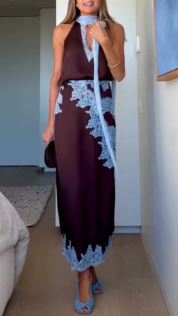 Women's satin lace panel top and maxi skirt set with halter V-neck – Brown
