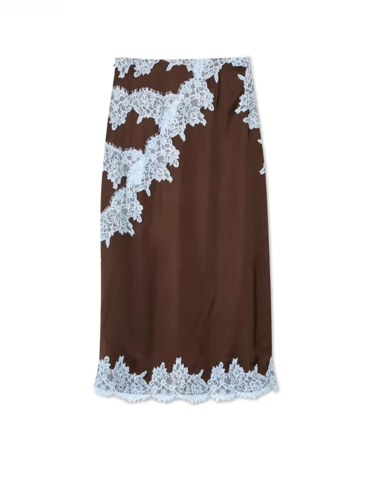 Women's satin lace panel top and maxi skirt set with halter V-neck – Brown