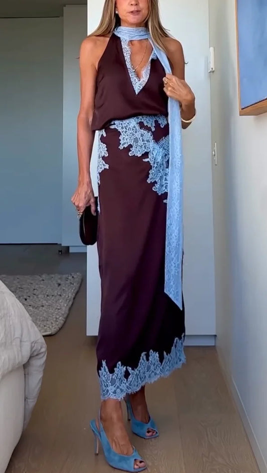 Women's satin lace panel top and maxi skirt set with halter V-neck – Brown