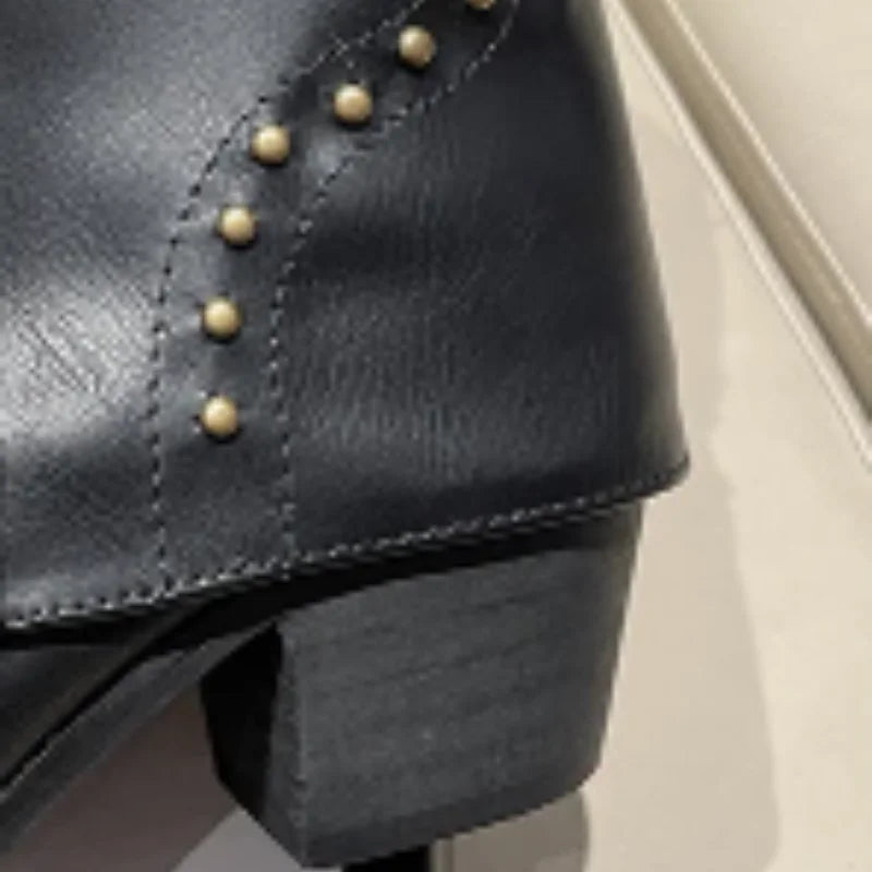 Women's studded western mid-calf boots with pointed-toe and block-heel