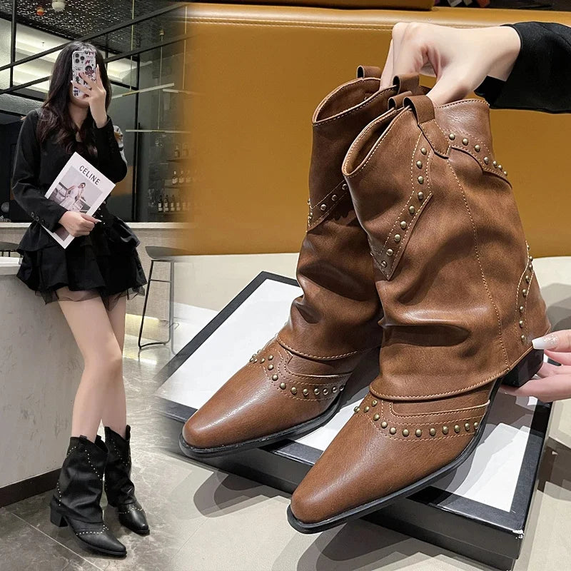 Women's studded western mid-calf boots with pointed-toe and block-heel