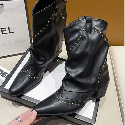 Women's studded western mid-calf boots with pointed-toe and block-heel