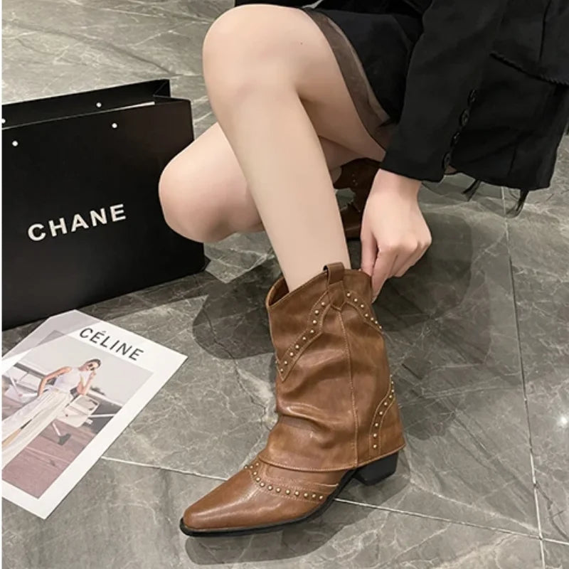 Women's studded western mid-calf boots with pointed-toe and block-heel