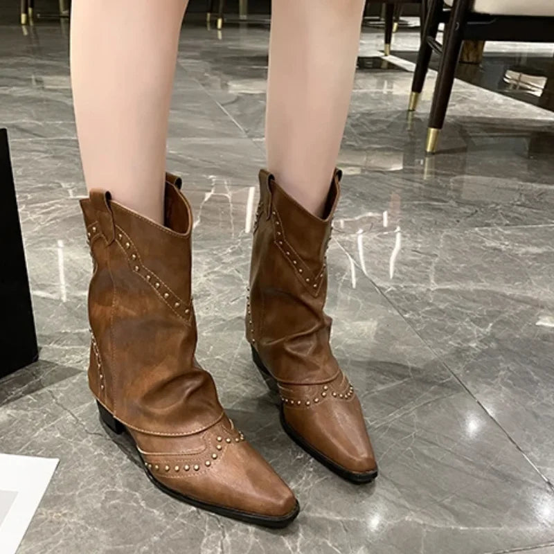 Women's studded western mid-calf boots with pointed-toe and block-heel