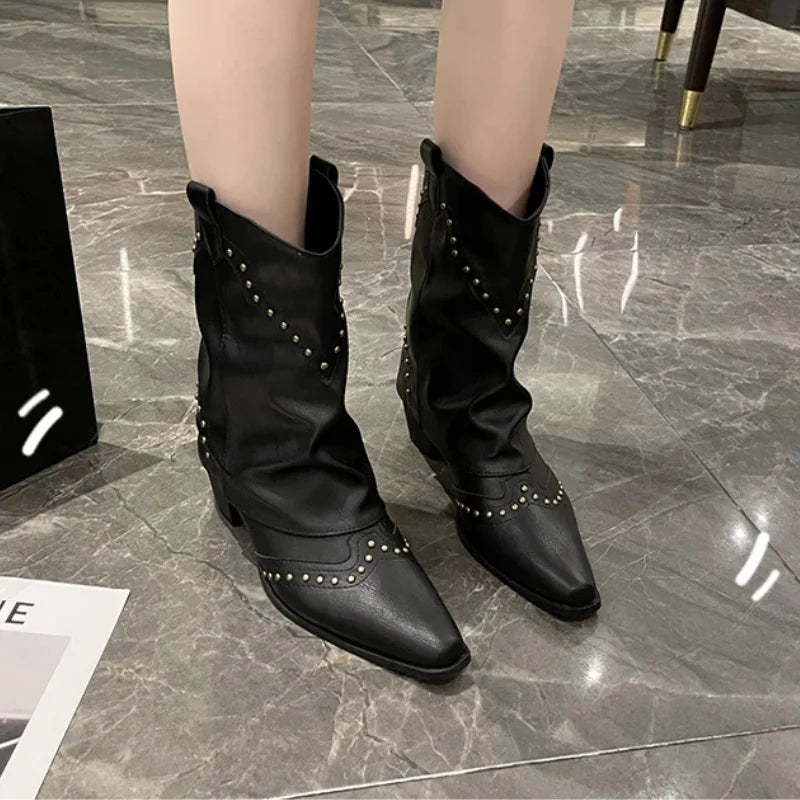 Women's studded western mid-calf boots with pointed-toe and block-heel