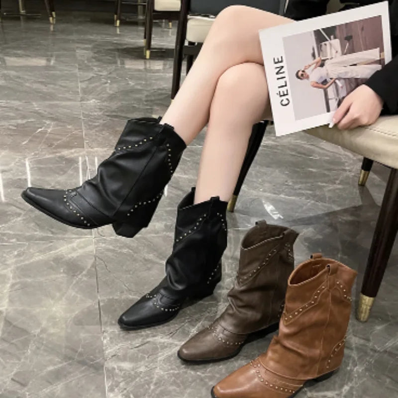 Women's studded western mid-calf boots with pointed-toe and block-heel