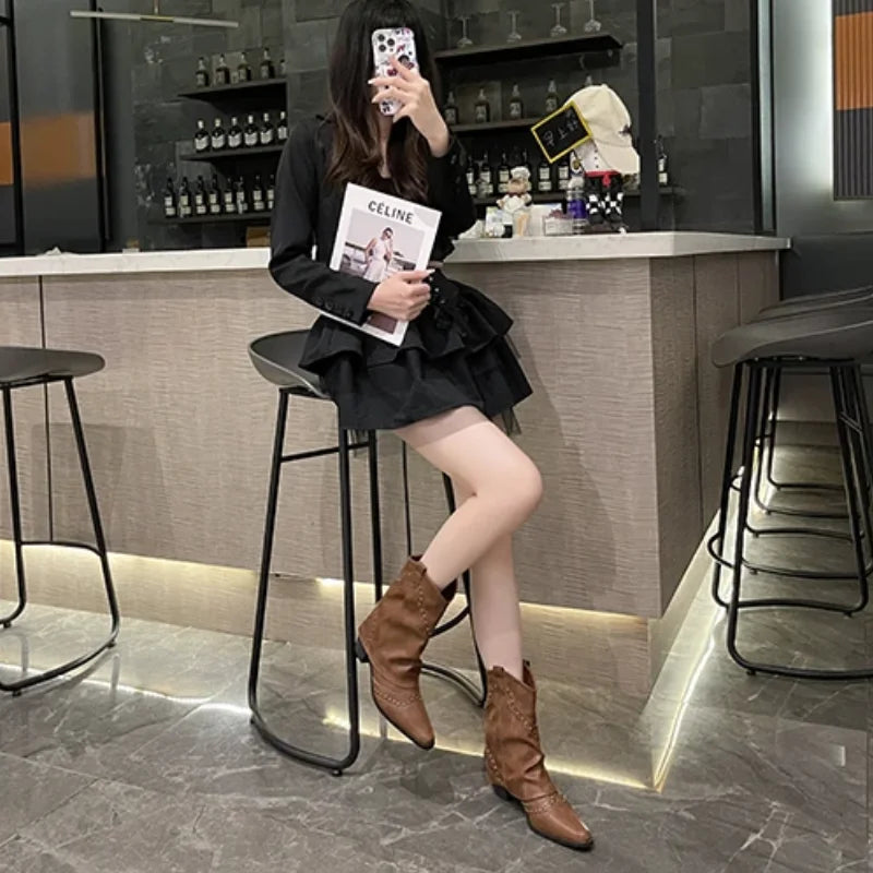 Women's studded western mid-calf boots with pointed-toe and block-heel
