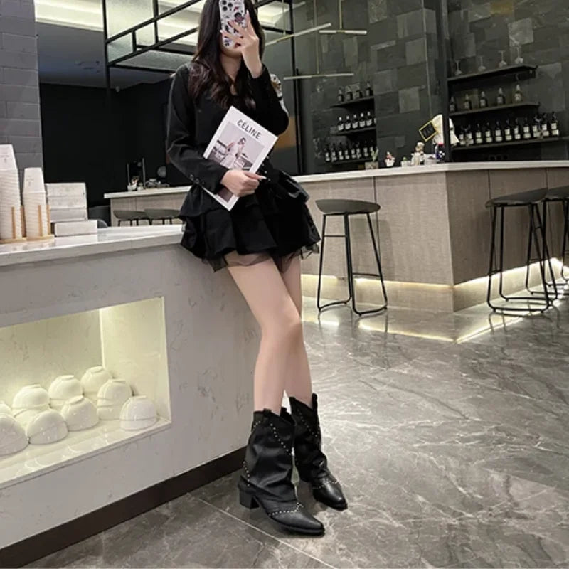 Women's studded western mid-calf boots with pointed-toe and block-heel