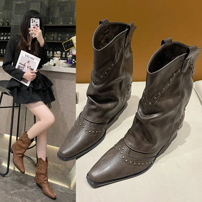 Women's studded western mid-calf boots with pointed-toe and block-heel