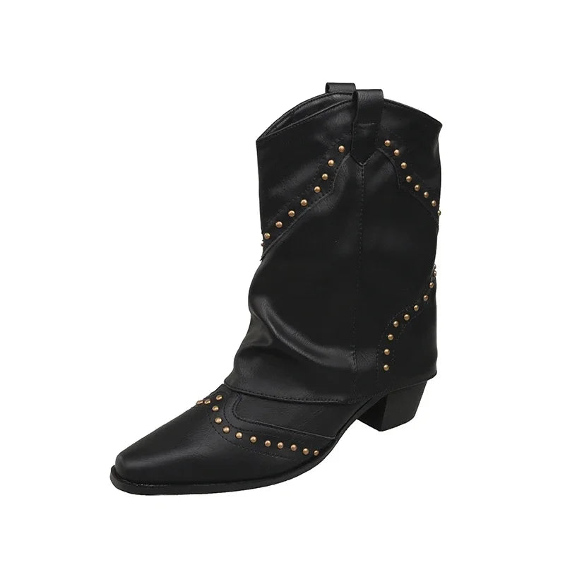 Women's studded western mid-calf boots with pointed-toe and block-heel – Black