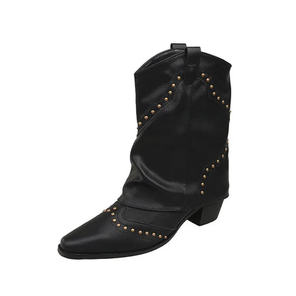 Women's studded western mid-calf boots with pointed-toe and block-heel – Black