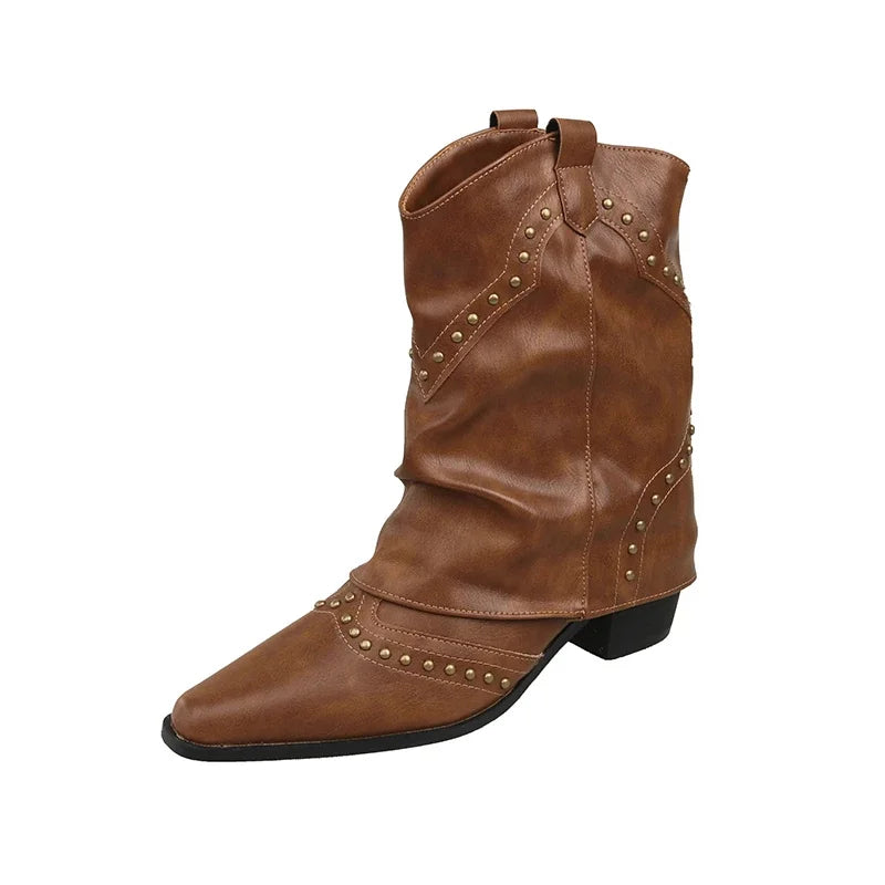 Women's studded western mid-calf boots with pointed-toe and block-heel – Brown