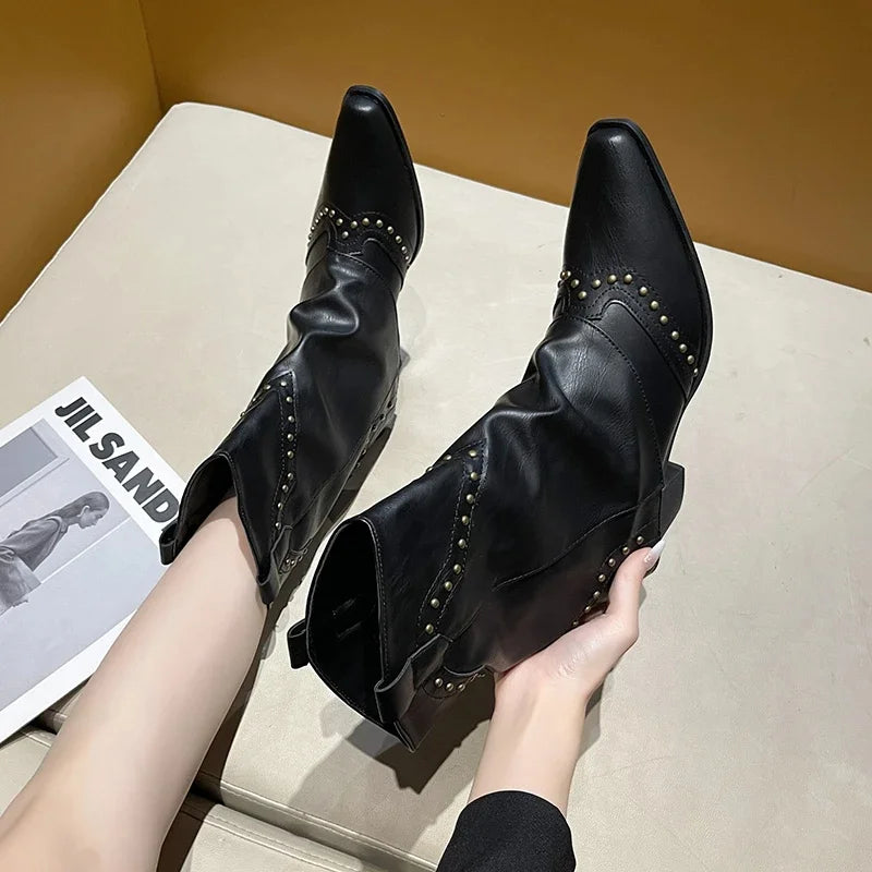 Women's studded western mid-calf boots with pointed-toe and block-heel