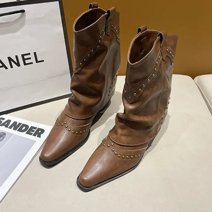 Women's studded western mid-calf boots with pointed-toe and block-heel