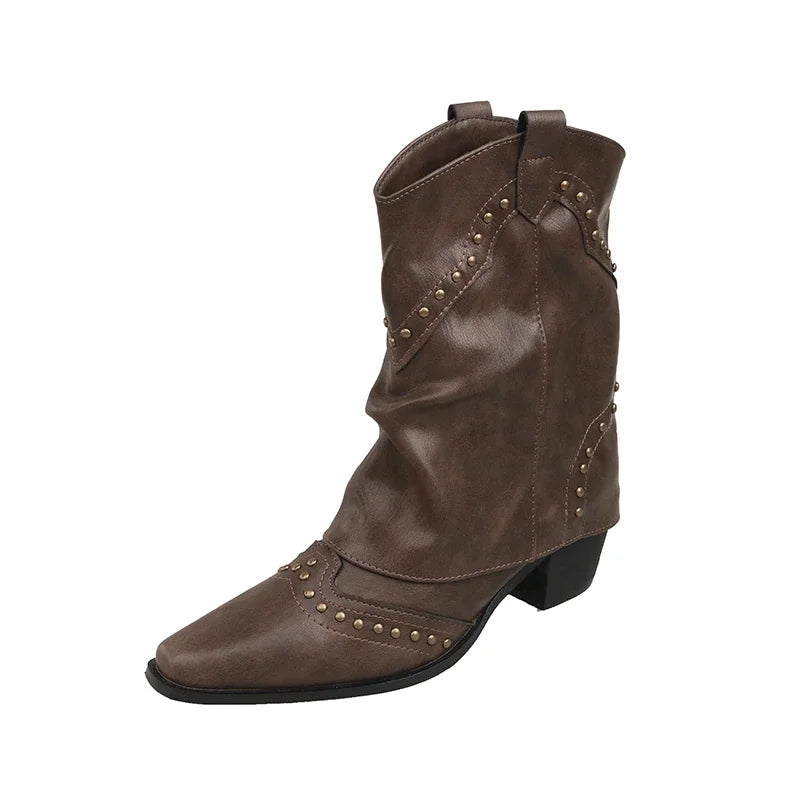 Women's studded western mid-calf boots with pointed-toe and block-heel – Dark brown