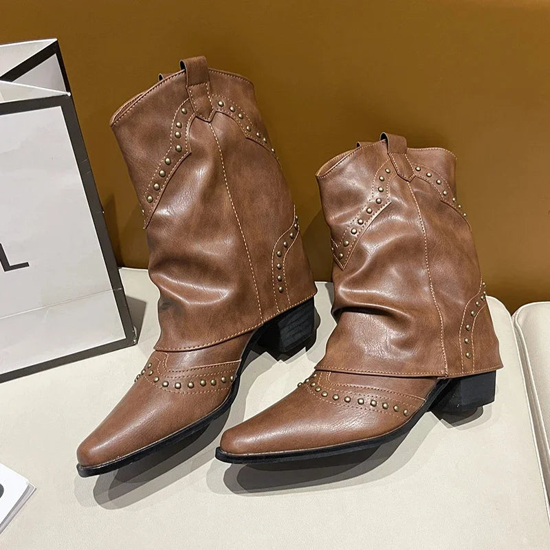 Women's studded western mid-calf boots with pointed-toe and block-heel