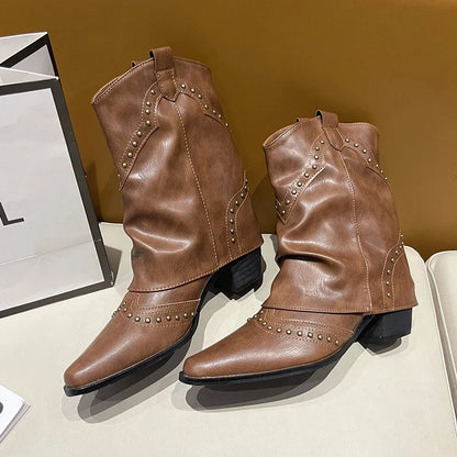 Women's studded western mid-calf boots with pointed-toe and block-heel