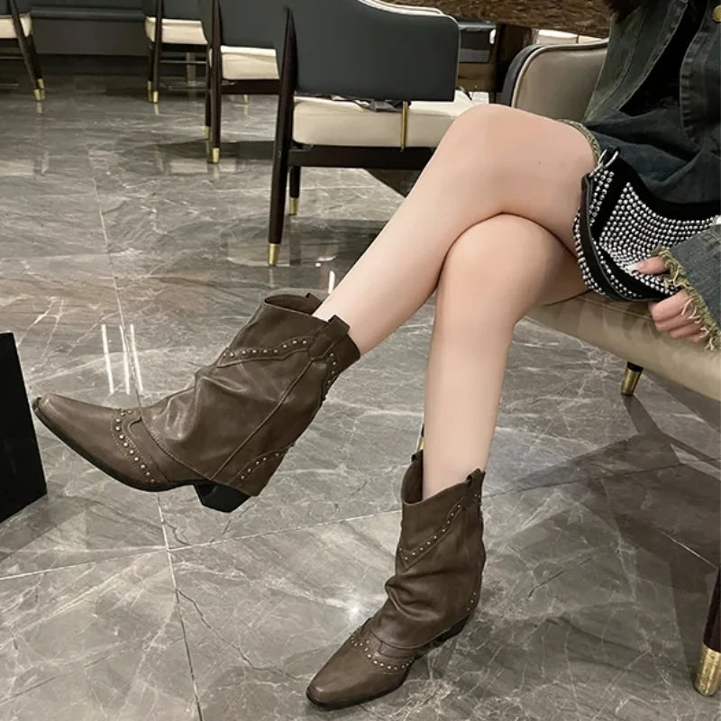 Women's studded western mid-calf boots with pointed-toe and block-heel