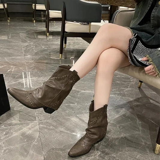 Women's studded western mid-calf boots with pointed-toe and block-heel