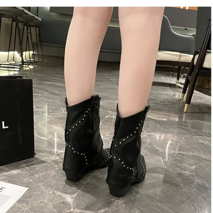 Women's studded western mid-calf boots with pointed-toe and block-heel