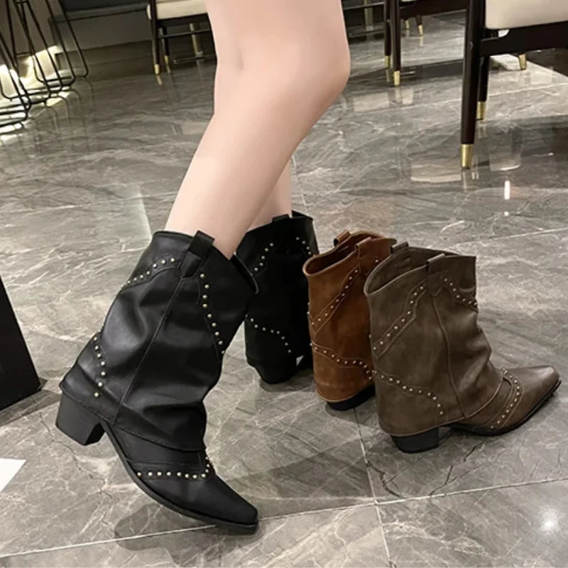 Women's studded western mid-calf boots with pointed-toe and block-heel