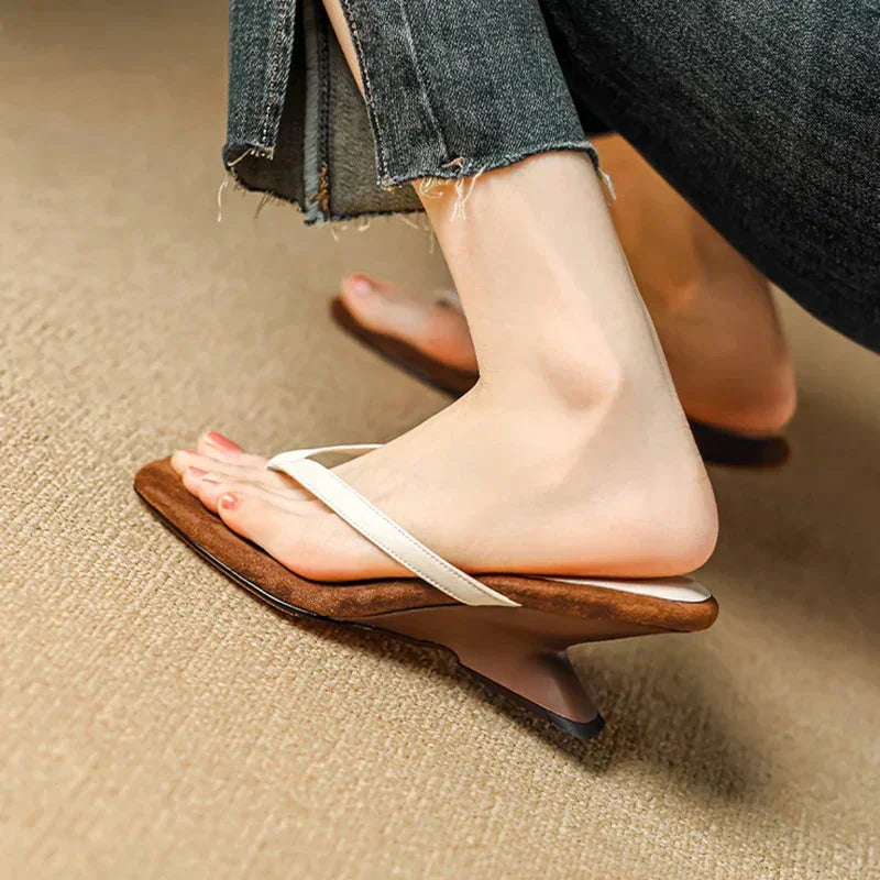 Women's suede-like square-toe wedge sandals with thong straps