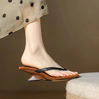 Women's suede-like square-toe wedge sandals with thong straps